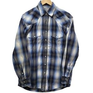 Resistol Ranch Mens Medium Blue Ombre Plaid Western Pearl Snap Long Sleeve Shirt